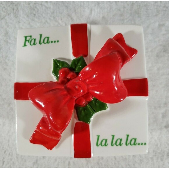 Fitz and Floyd Christmas Trinket Gift Box Bow Fa La La La La Red Green Vintage - Picture 1 of 9